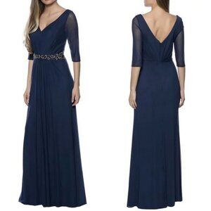 Marina Navy Blue Elbow Length Beaded Waist A-Line Maxi Gown